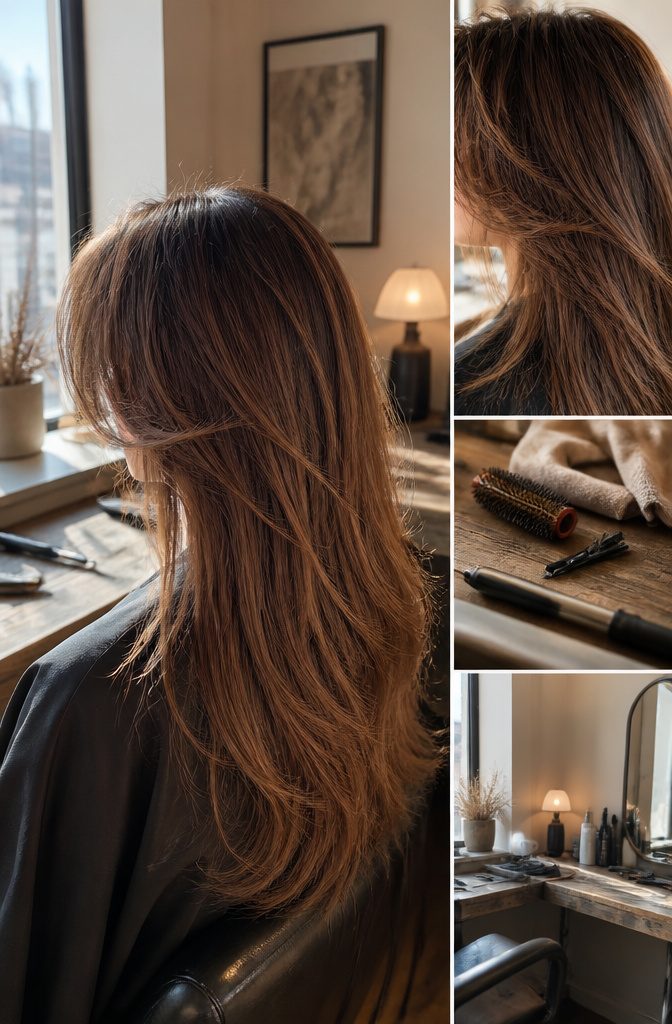 Full curtain bangs with layered ends and dense framing around face