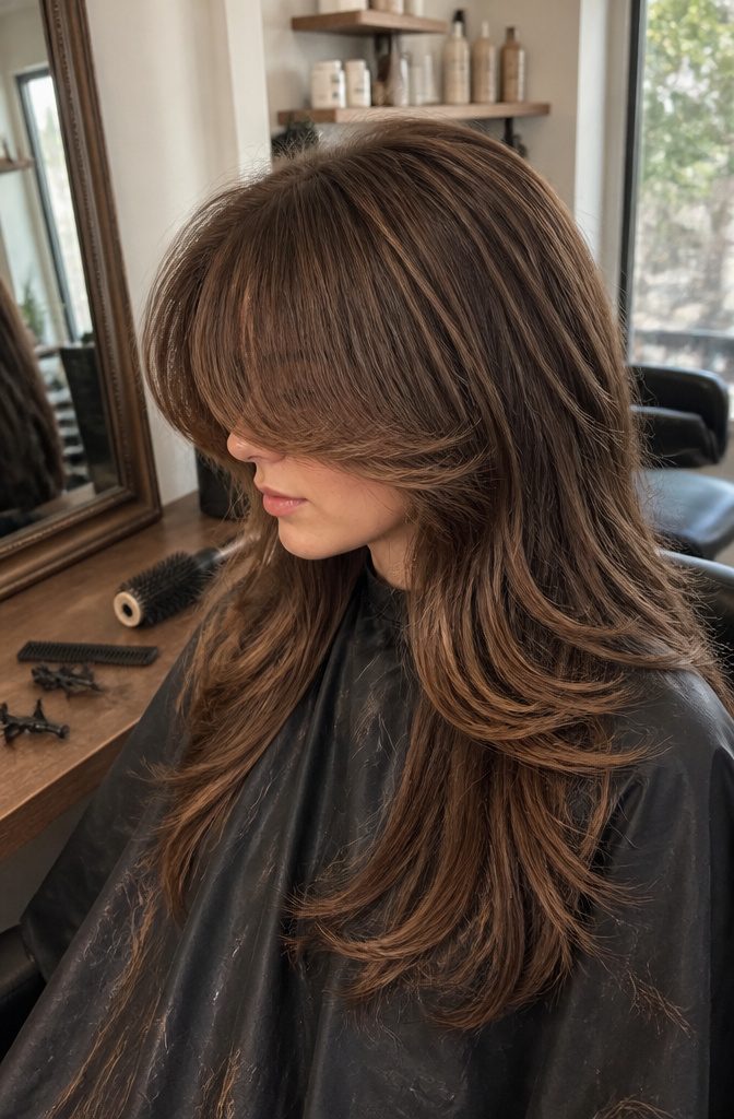Full curtain bangs with a soft center part and longer sides