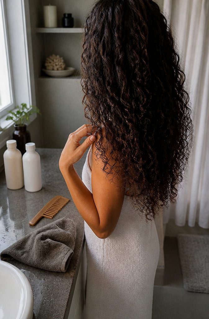 Long defined curls and softly moisturized lengths beside plain care bottles