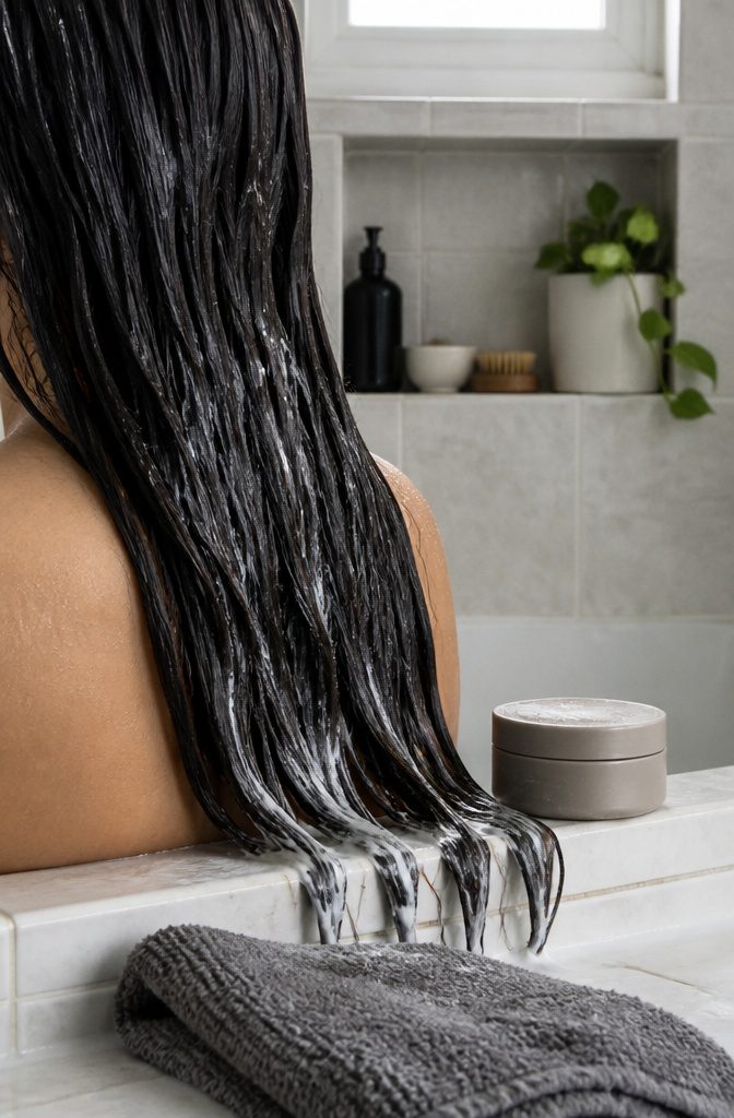 Dark wet hair with white conditioner spread from mid-lengths to tips