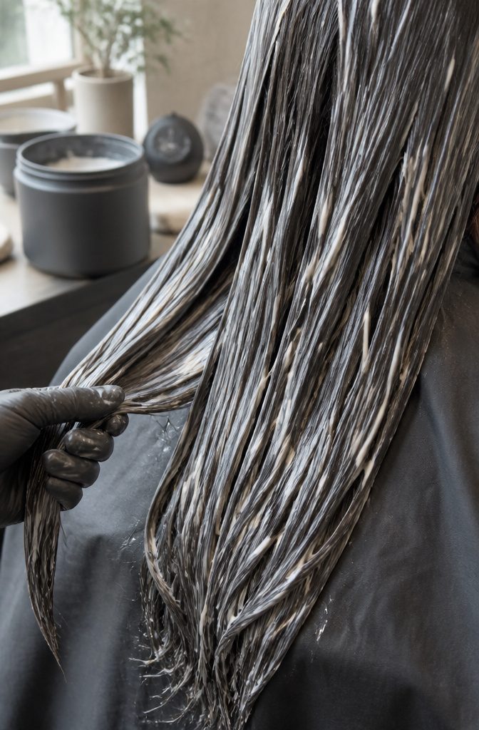 Long hair coated with a deep conditioning mask