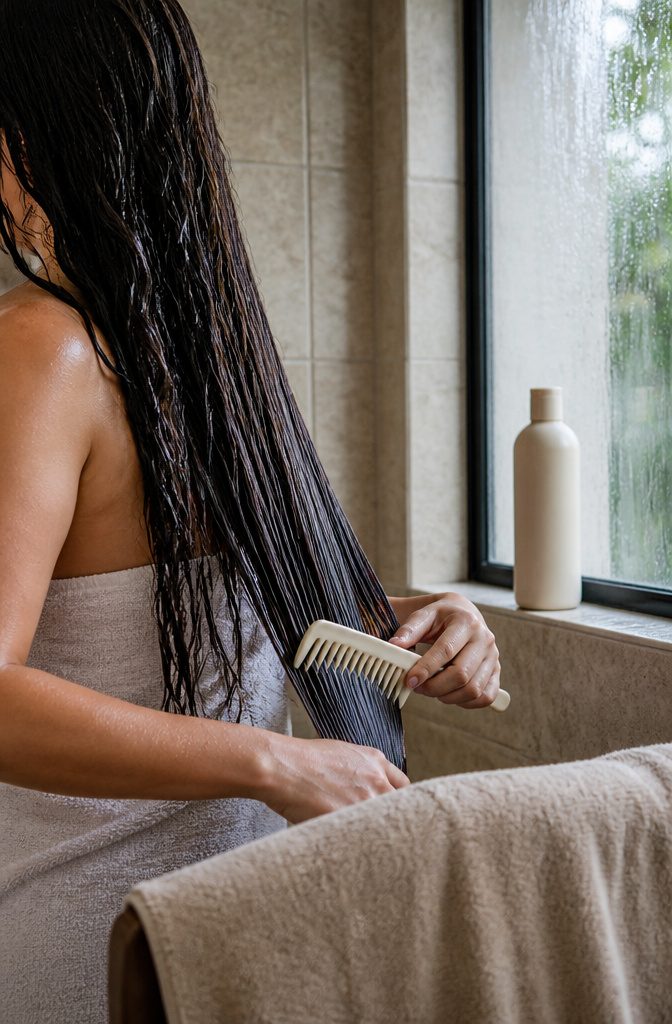 Wide-tooth comb detangling long wet hair from the ends