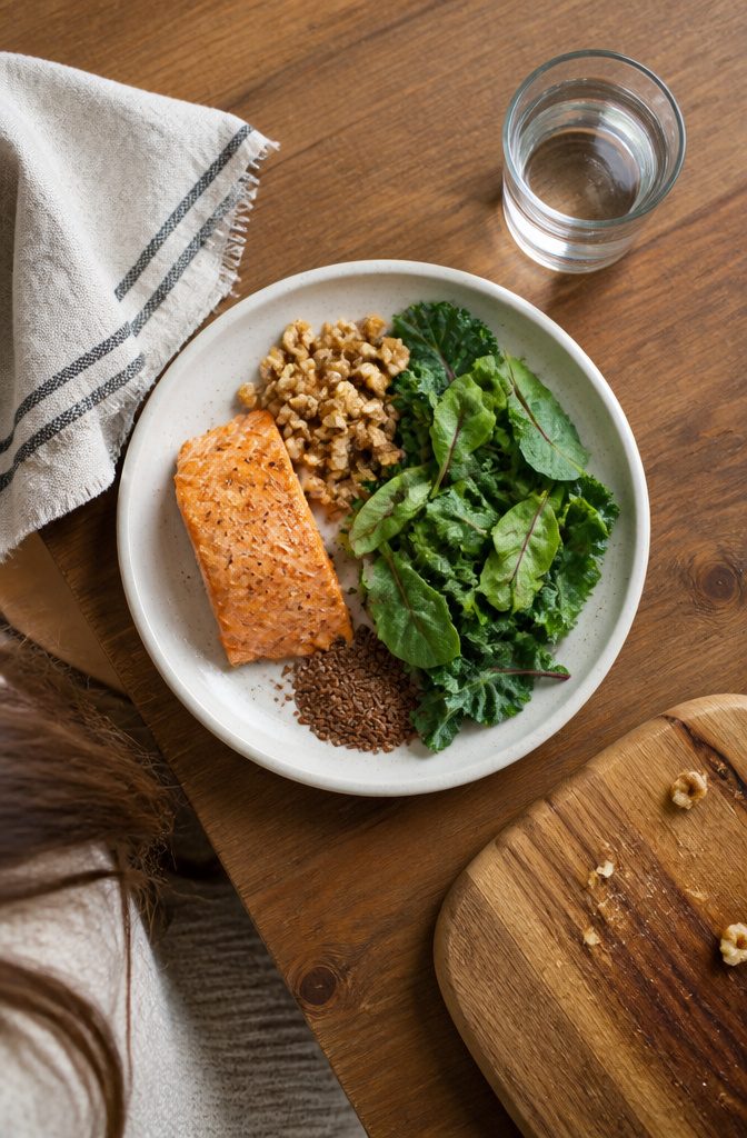 Protein-rich foods and a glass of water on a table