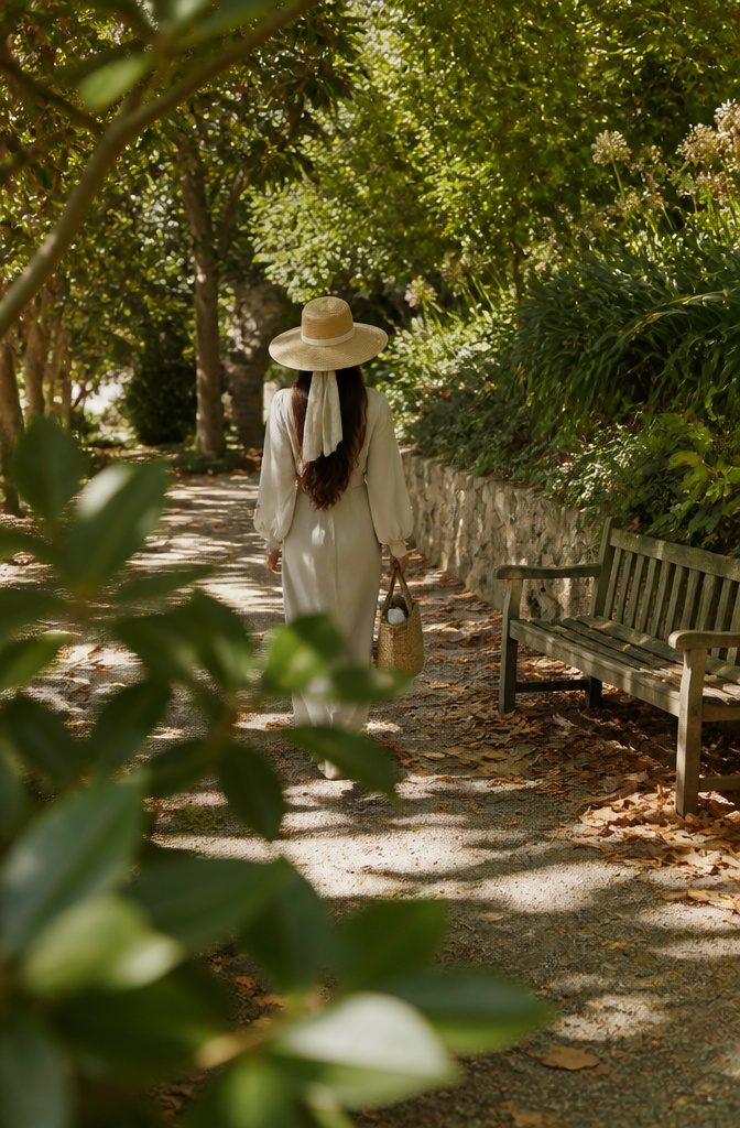 Long hair tucked beneath a wide-brimmed hat outdoors