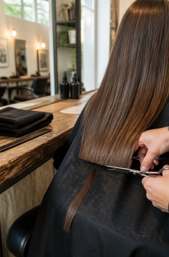 Salon shears above aligned long hair ends with cut strands on a dark cape