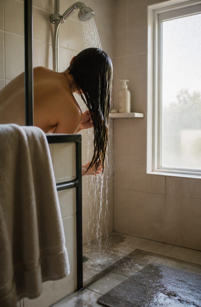 Long hair being rinsed with water in a shower