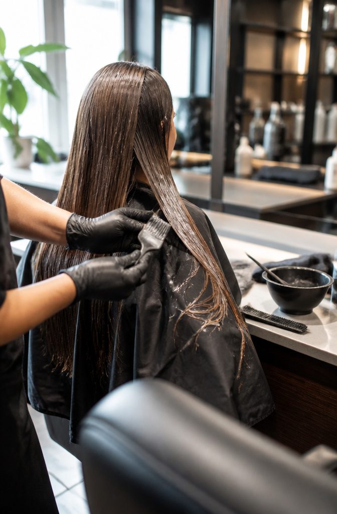 Salon stylist applying glossy treatment to long dry hair ends