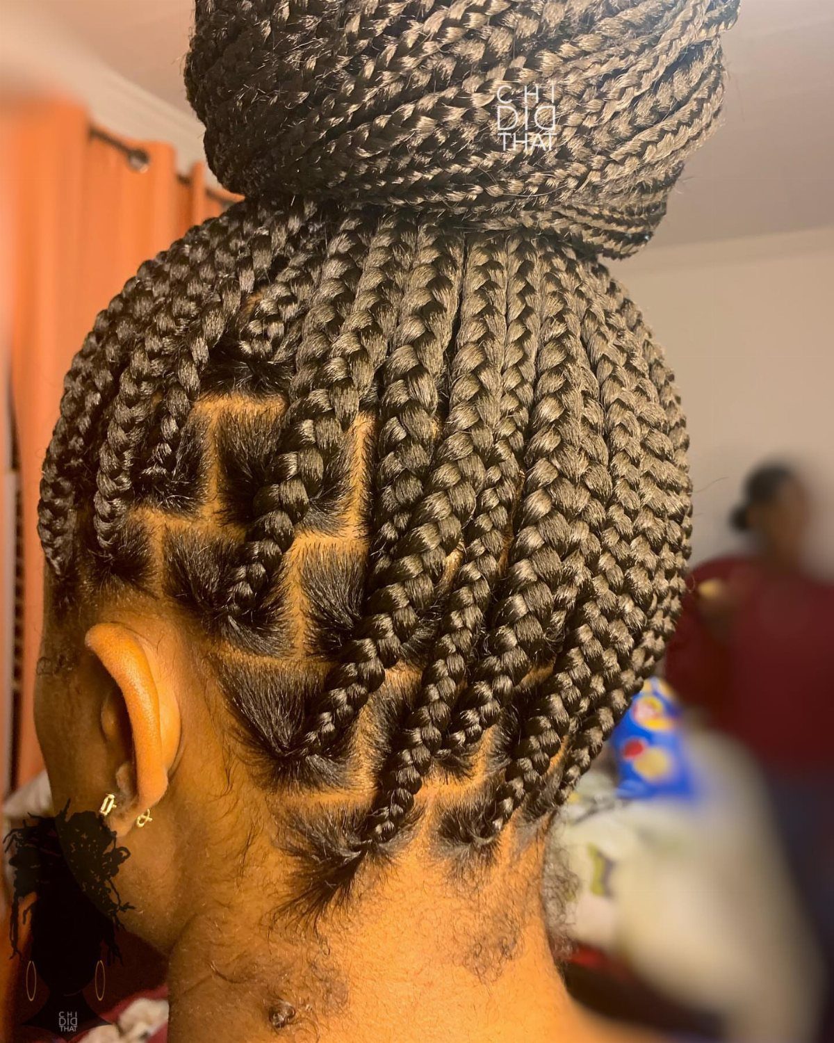 Box braids wrapped into a large beehive bun, showing neat square scalp parts