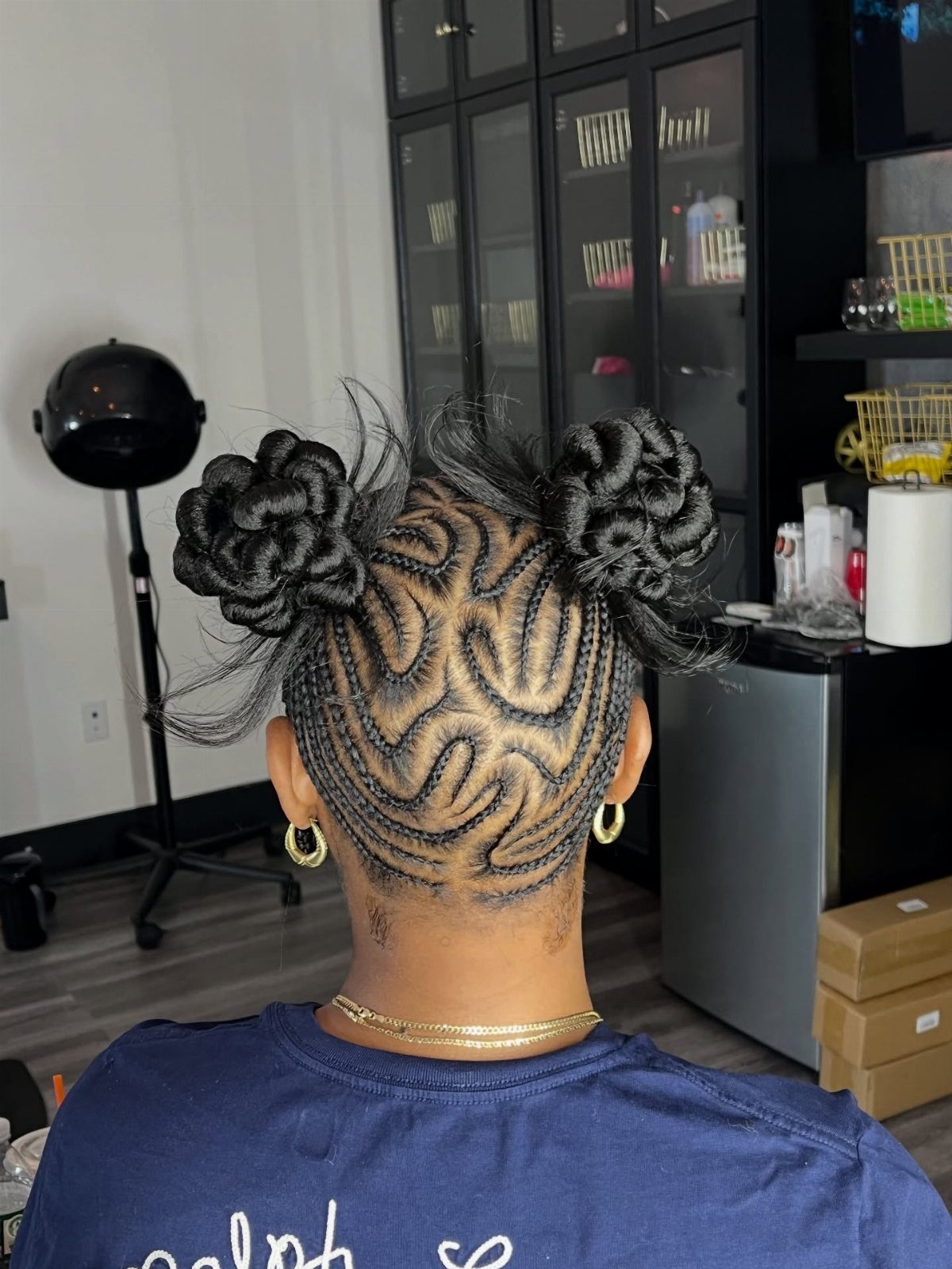French-braided space buns arranged symmetrically on the back of a person’s head