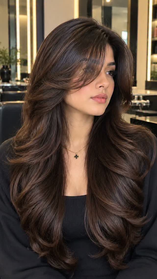 Woman with long dark layered hair styled in relaxed waves