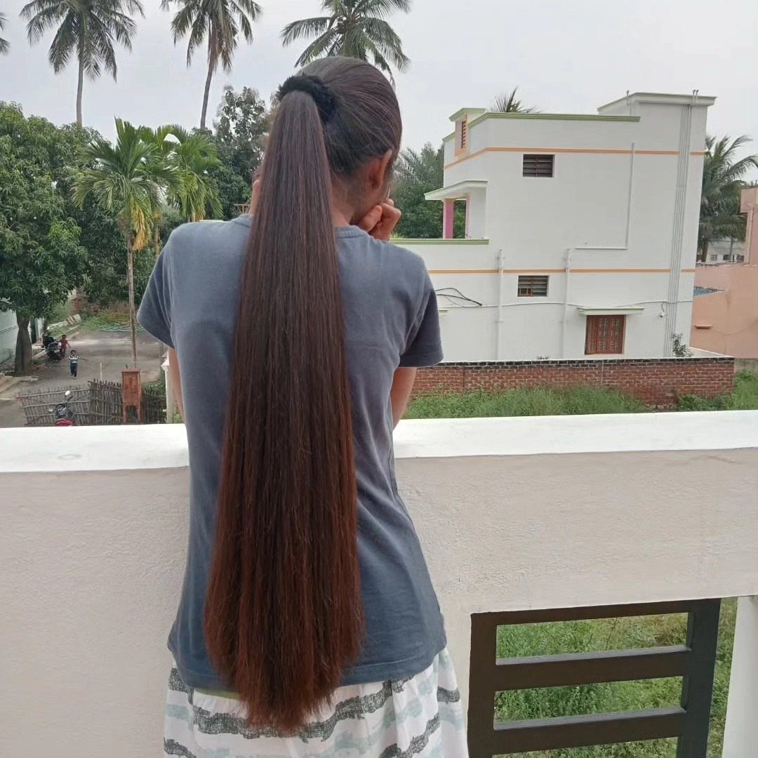 Very long straight dark brown ponytail falling down a person's back