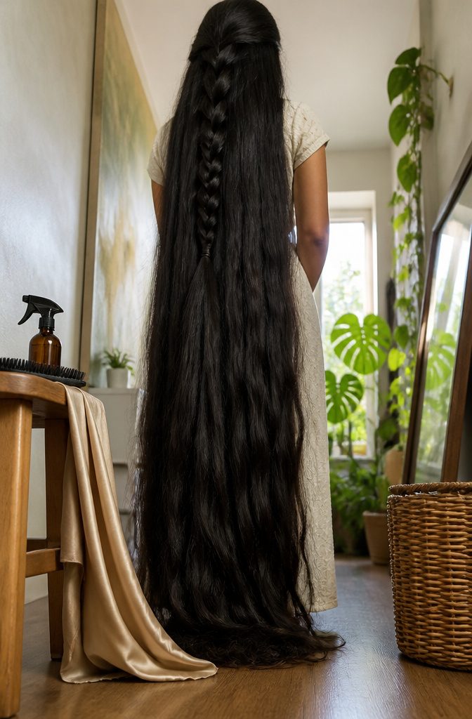 Extra-long hair hanging past the waist down the back