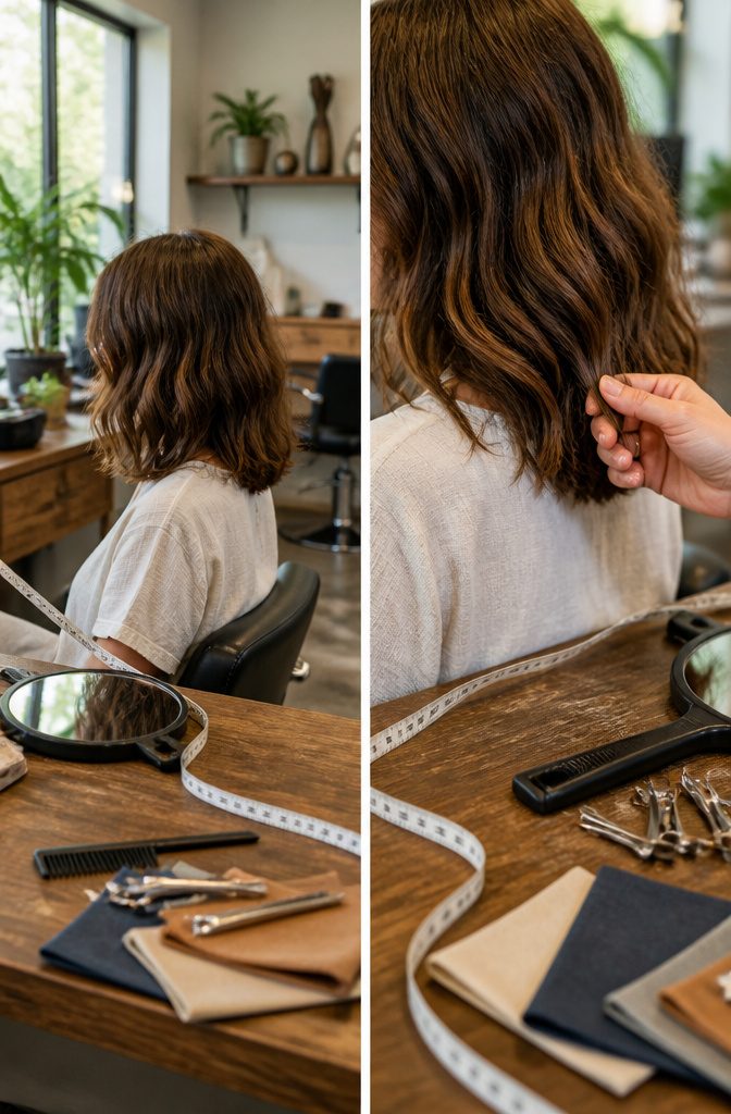 Woman with long hair shown from behind to reveal its placement on her frame