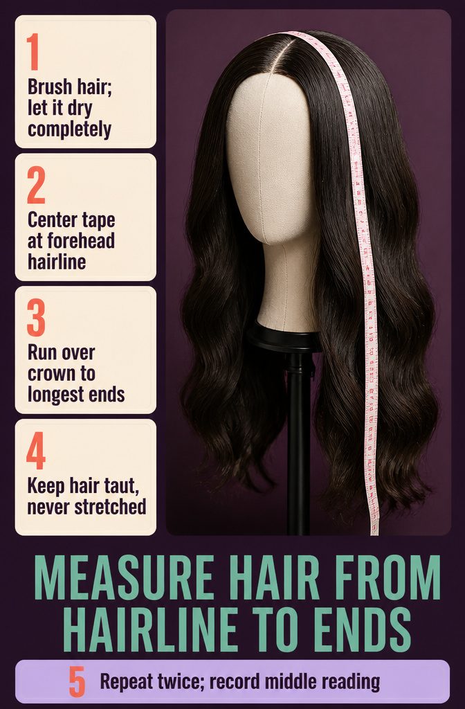 Soft tape measure running from the hairline over the crown to hair ends