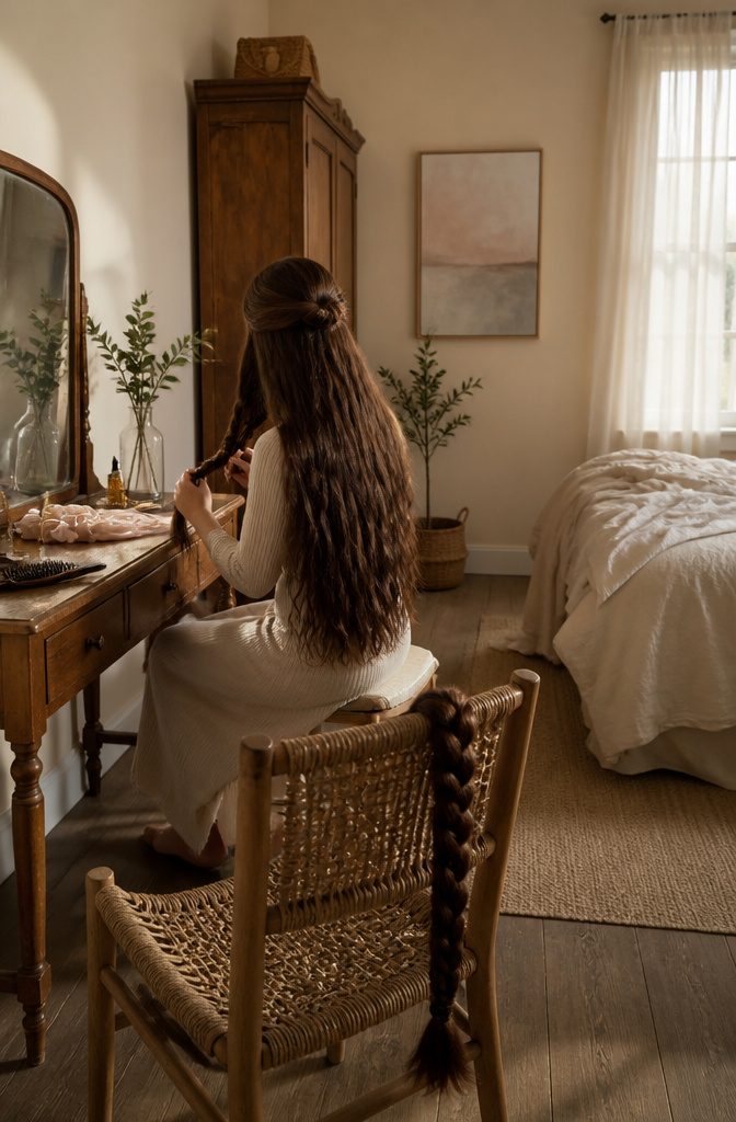 Long hair extending down the back toward the waist