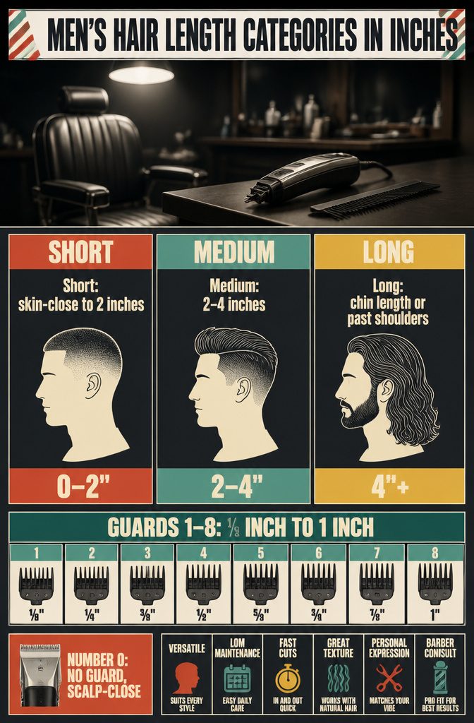 Men’s hair length graphic with clipper guards and hairstyle examples