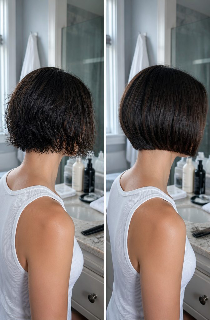 Short hairstyle showing a chin-length bob with softly shaped ends