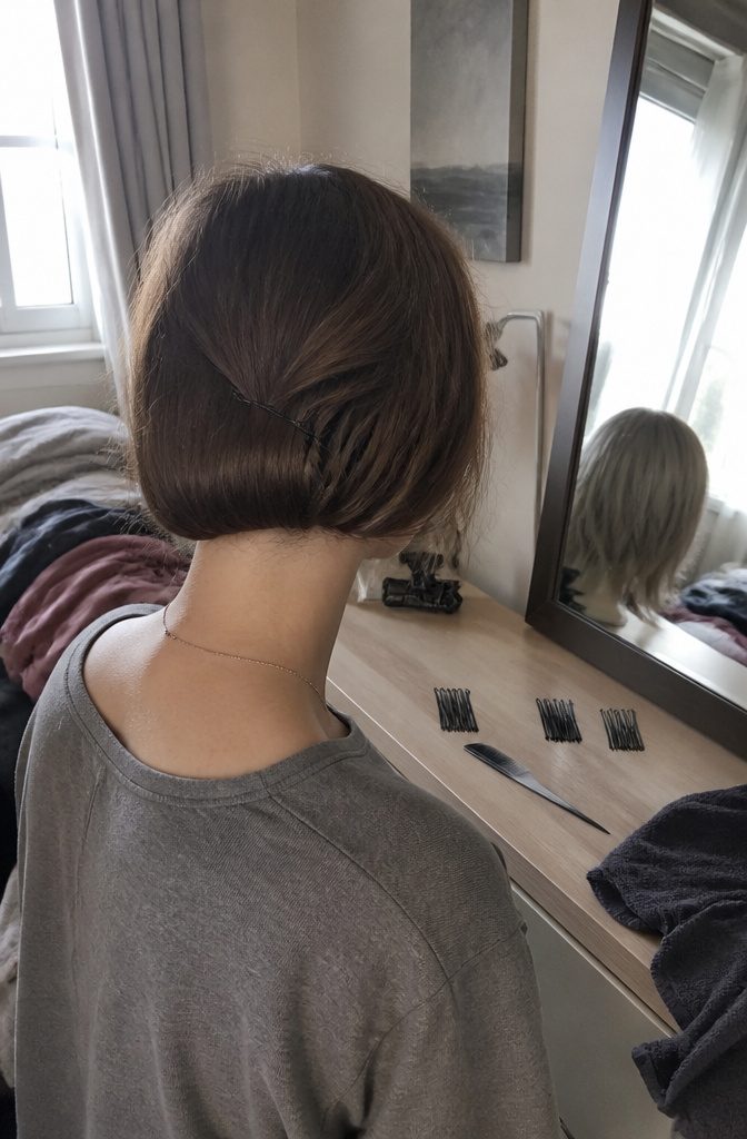 Brown hair gathered at the nape and pinned under into a faux bob