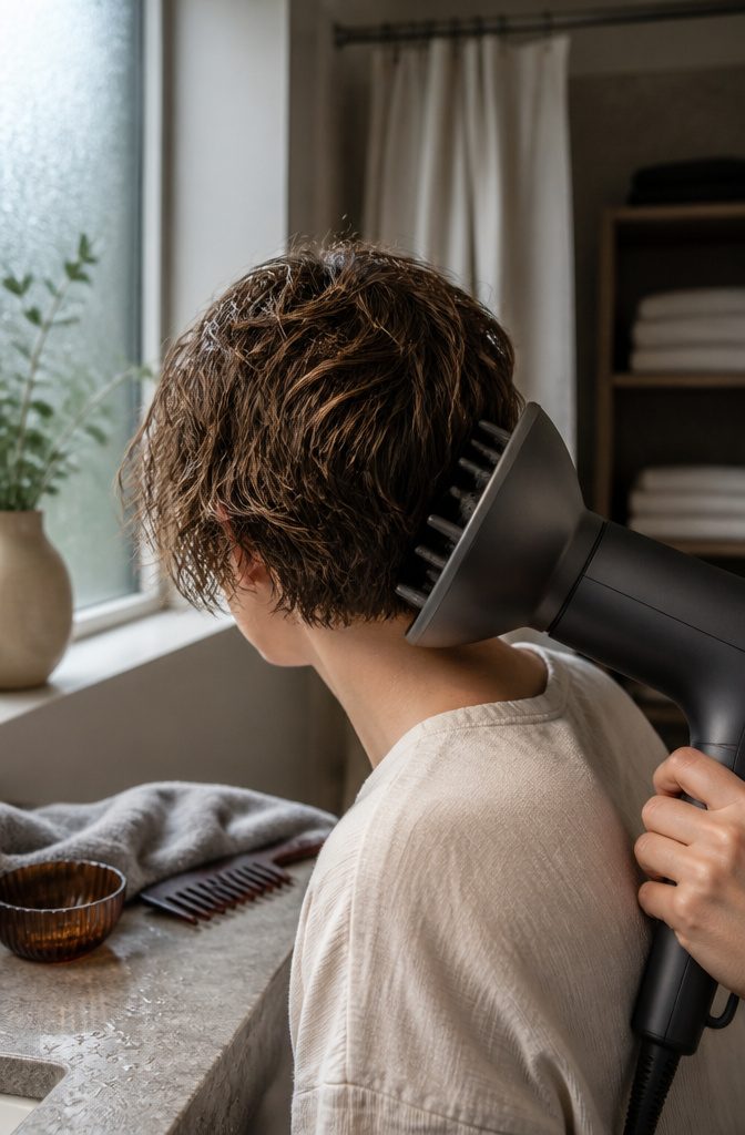 Blow dryer handle joined to a broad bowl diffuser cupping short textured hair
