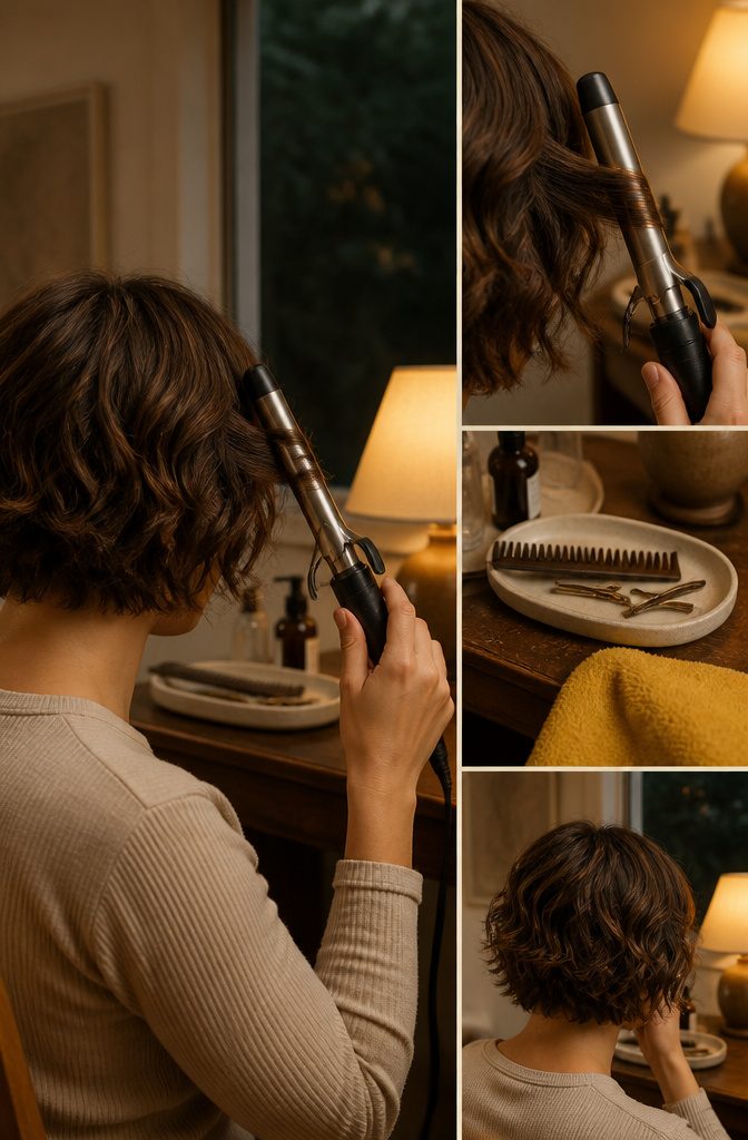 Curling tong wrapped around a short section of hair