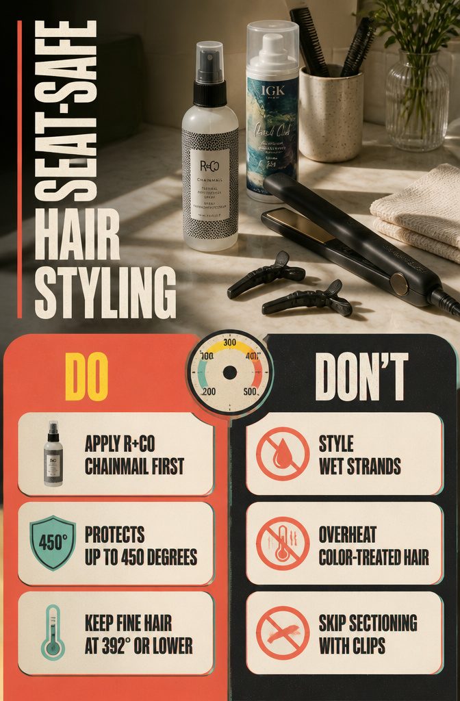 Beauty graphic titled Heat-Safe Short Hair Styling with heat protection advice