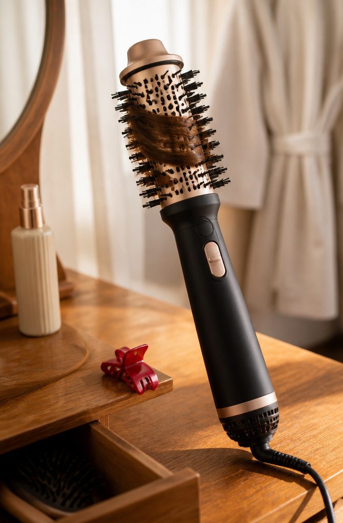 Hot-air brush positioned beside a short bob with layered ends