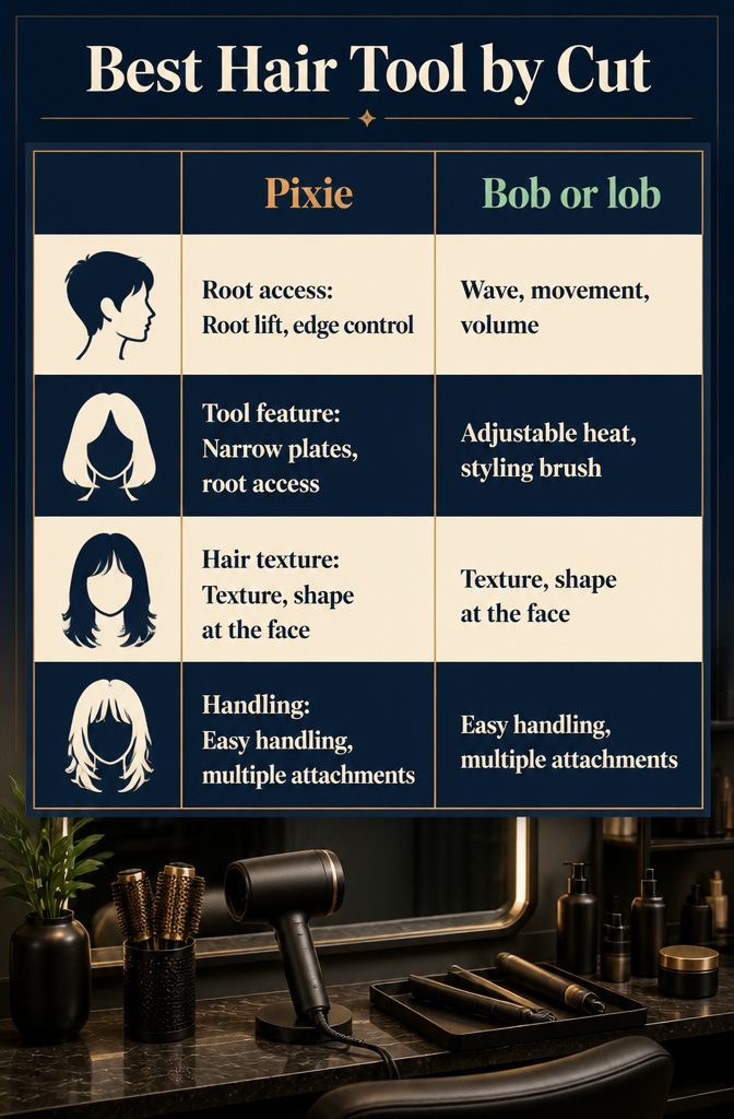 Beauty chart titled Best Hair Tool by Cut with a cut and tool comparison