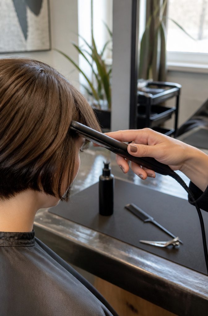 Mini straightener with narrow plates aligned beside a cropped bob fringe