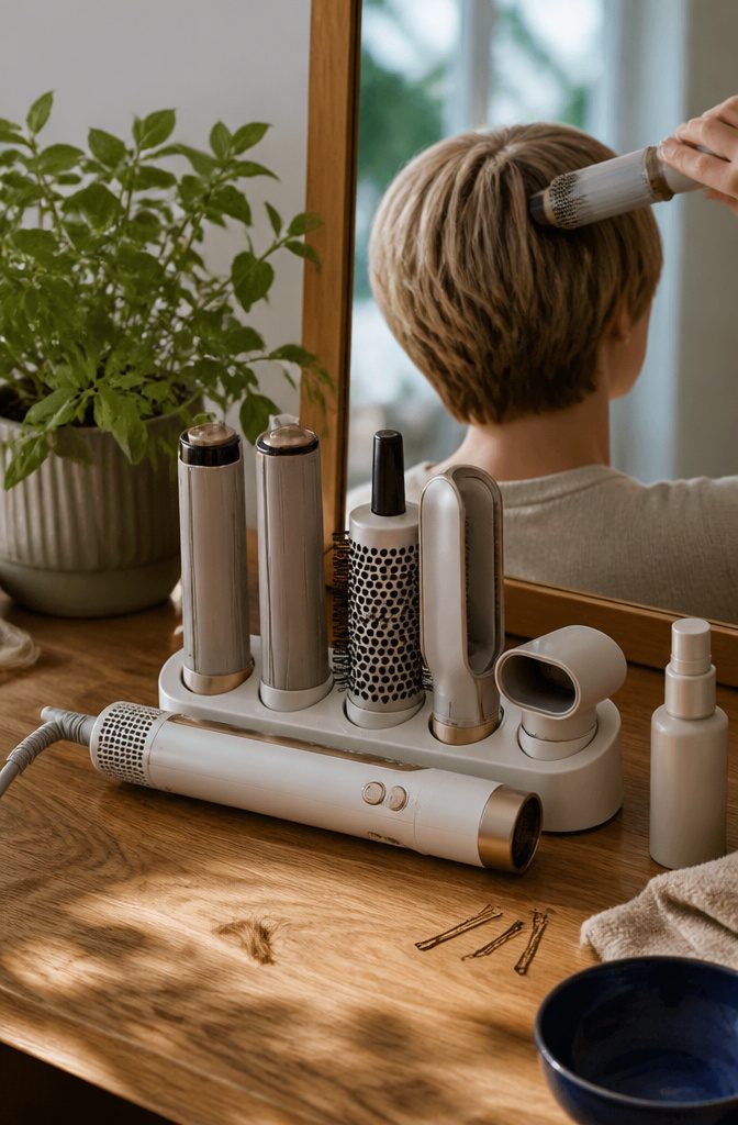 Hair styler with interchangeable attachments beside short hair