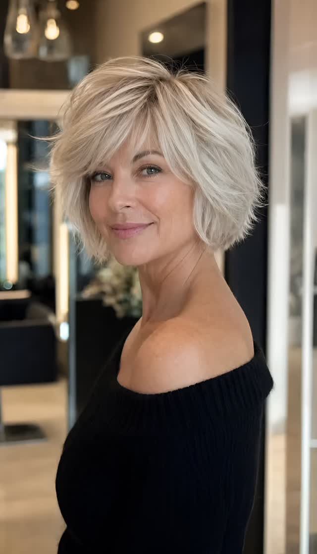 Woman with a short blonde feathered bob and wispy layers in a salon
