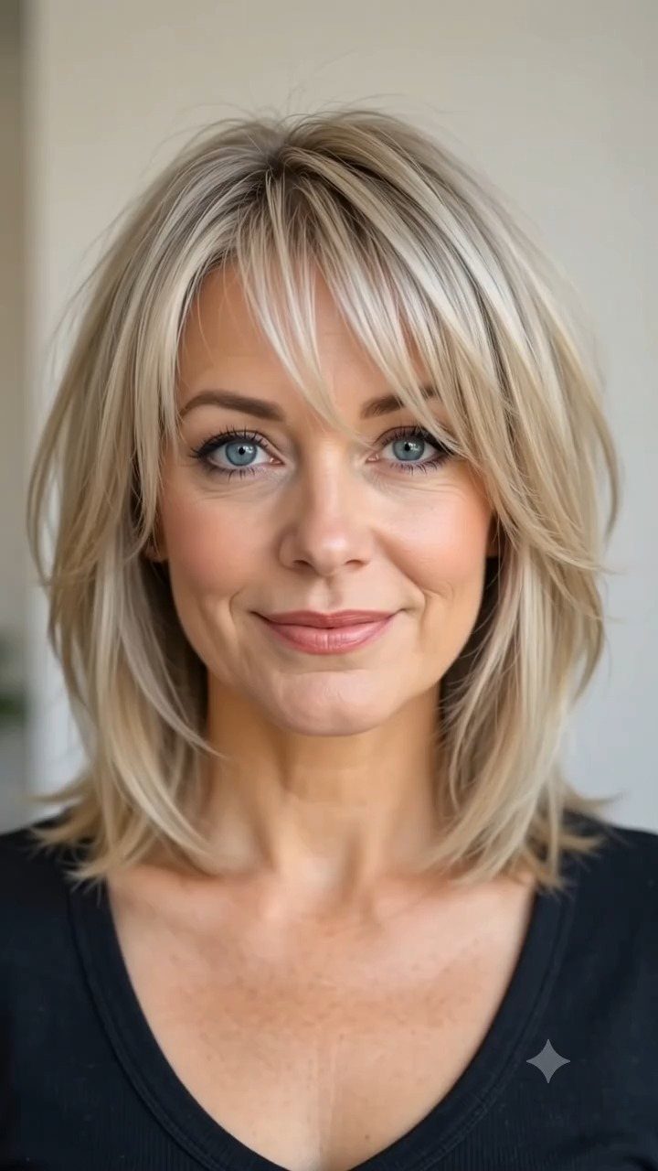 Woman with blonde wispy layers and softly turned-out, bouncy hair