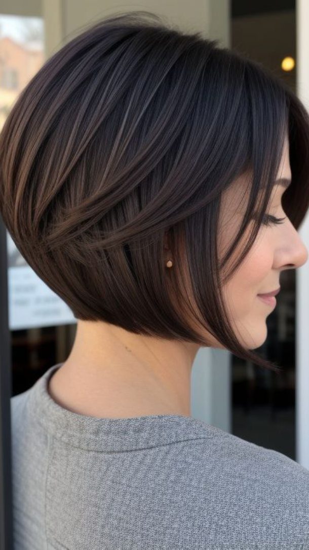 Woman showing a dark graduated bob with layered, chin-length sides