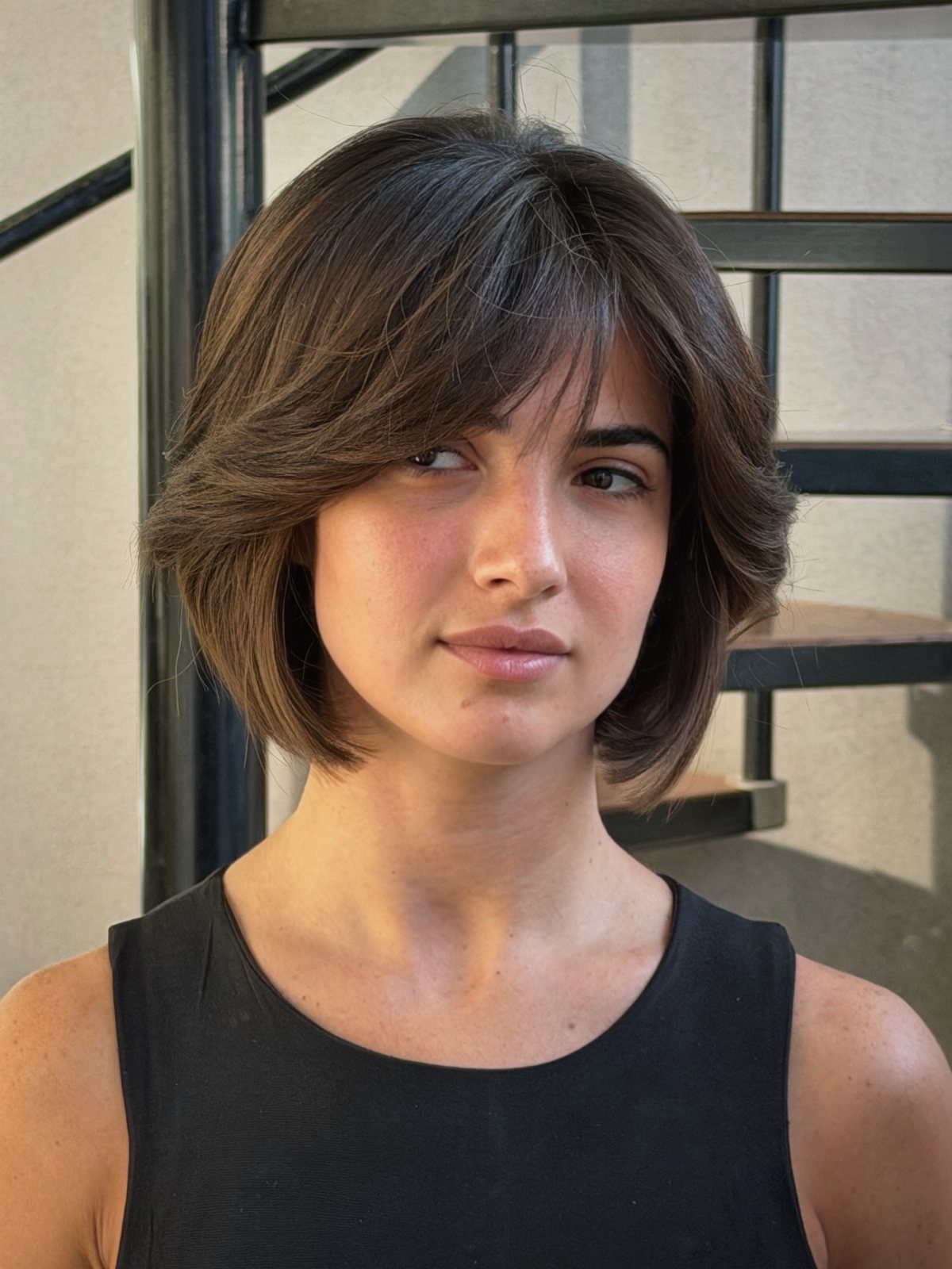 Person wearing a layered brown bob haircut with wispy bangs