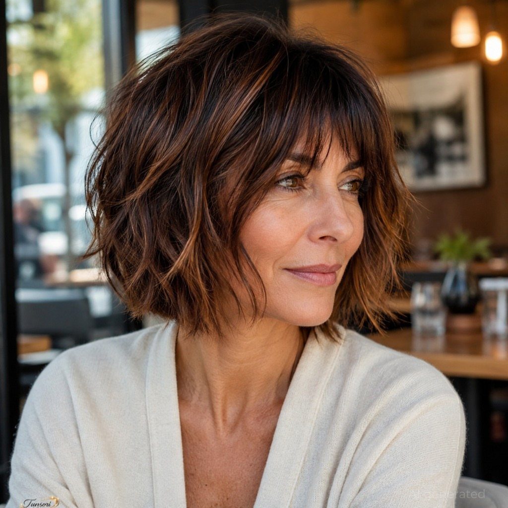 Woman wearing a tousled, chin-length layered bob with wispy bangs
