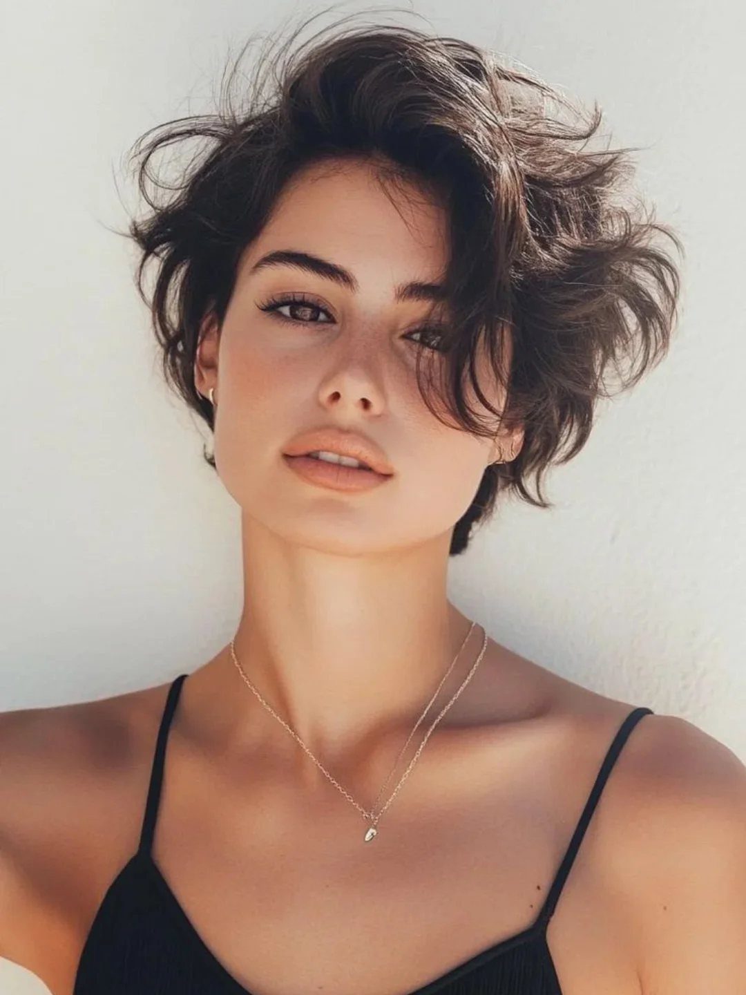 Woman with a tousled short dark pixie cut and feathered, side-swept layers