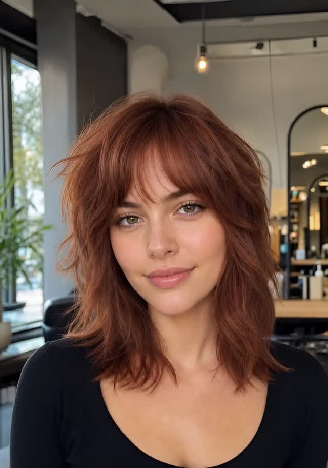 Woman with a reddish-brown layered shag, wispy bangs, and textured shoulder-length ends