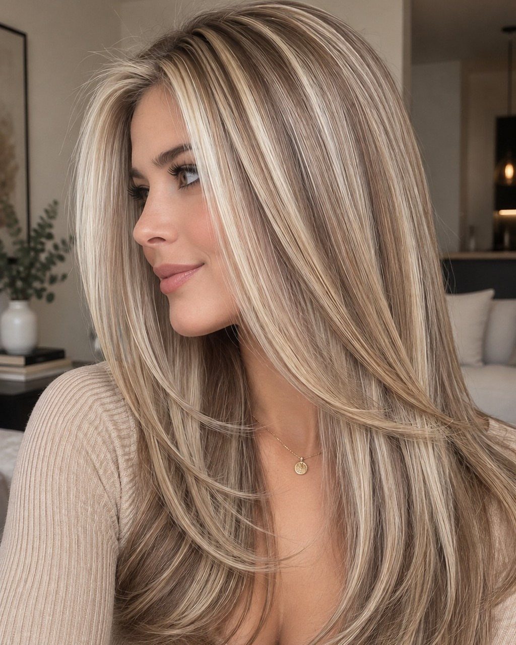 Long ash-blonde highlighted hair with layered strands framing a woman's face