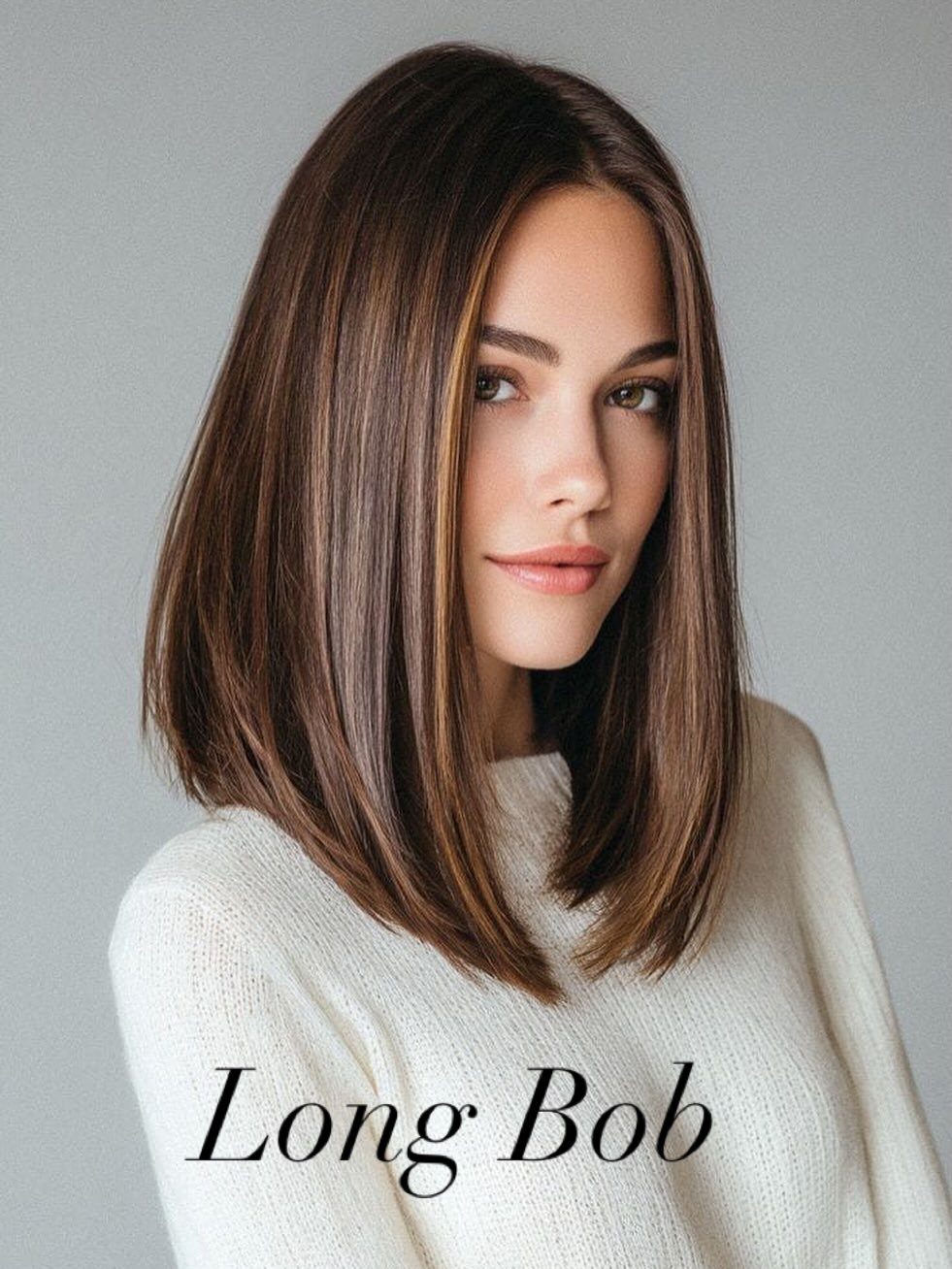 Woman with a straight dark brown long bob and tucked-under ends
