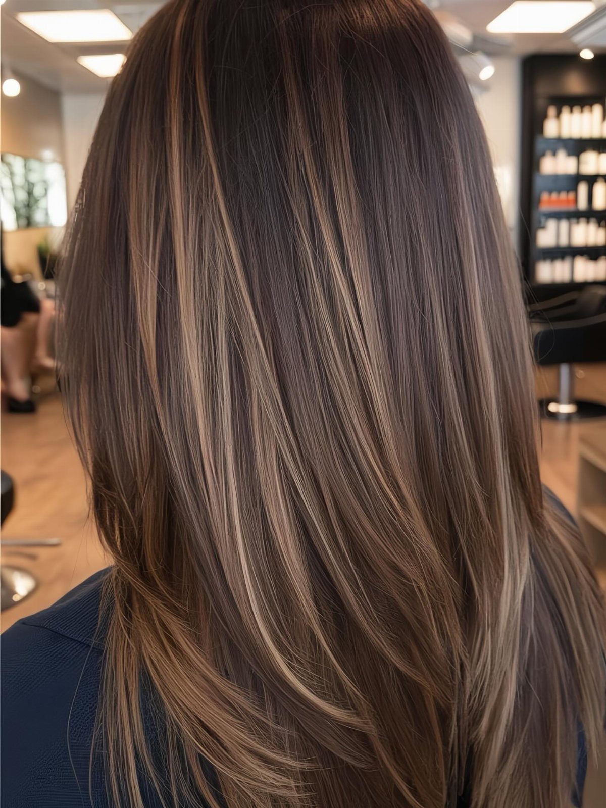 Long brown hair shows fine woven highlights and soft layers in a salon