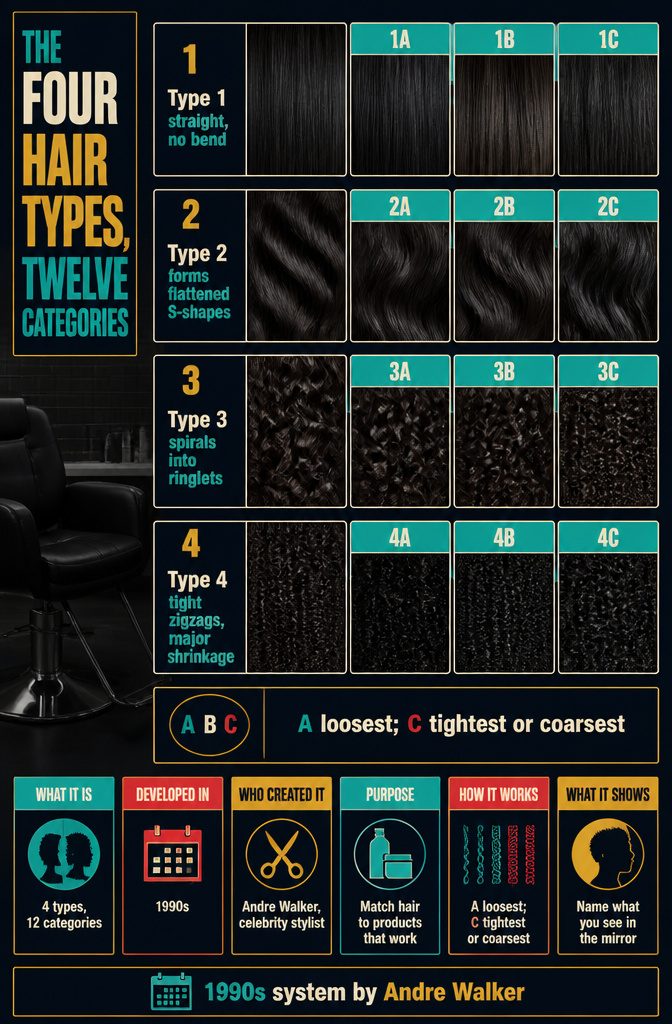 Chart dividing hair into four numbered types with three lettered subtypes