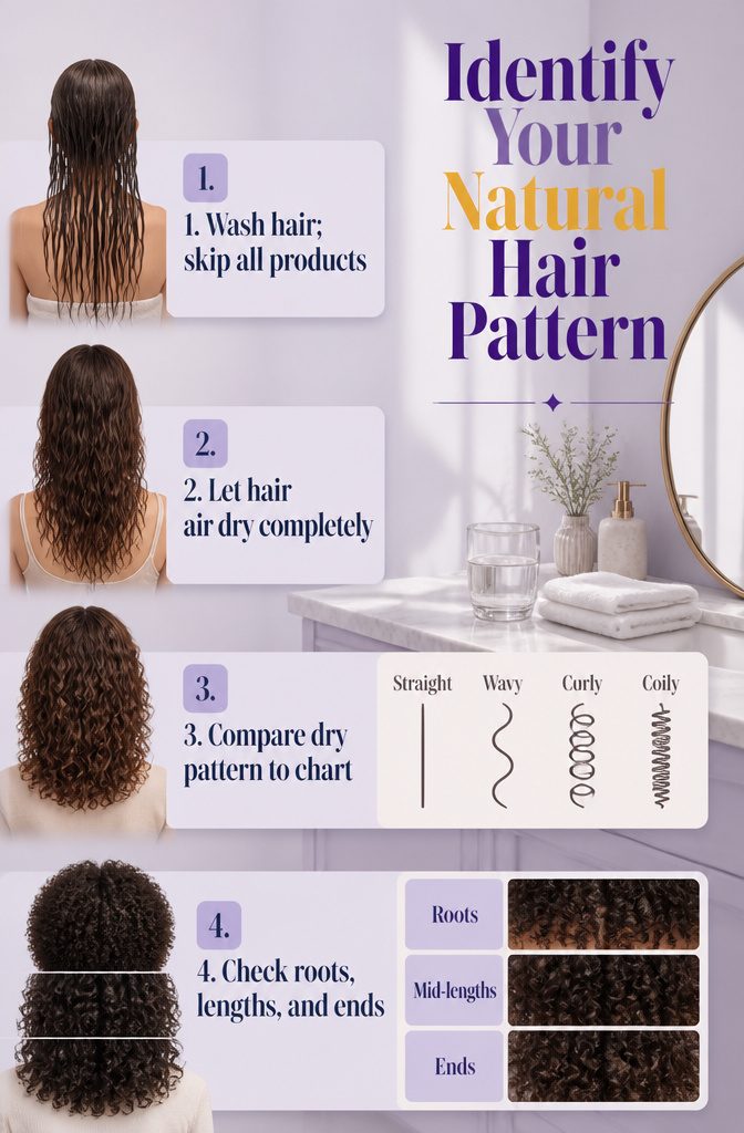 Hair pattern chart beside naturally air dried hair samples