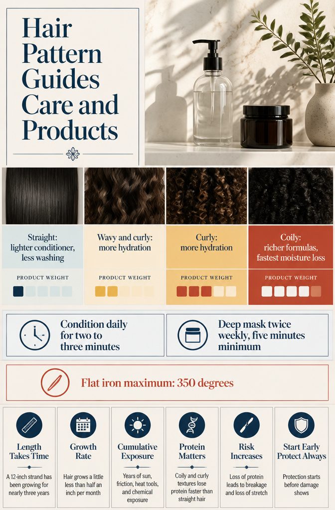 Hair pattern chart beside conditioners creams gels and styling products