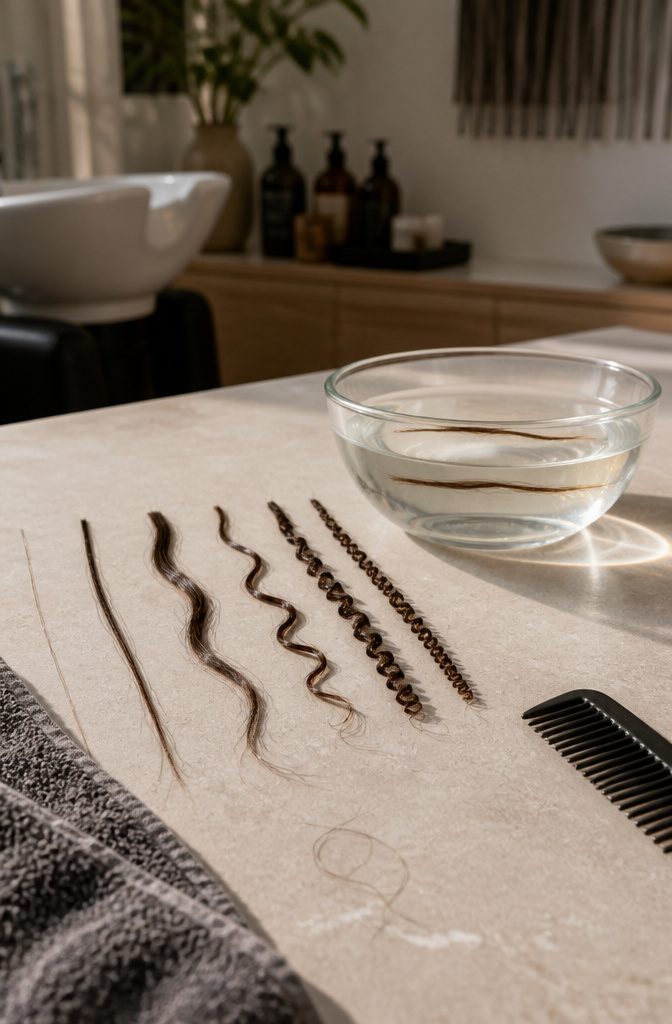 Hair strands showing fine medium coarse straight wavy curly and coily patterns