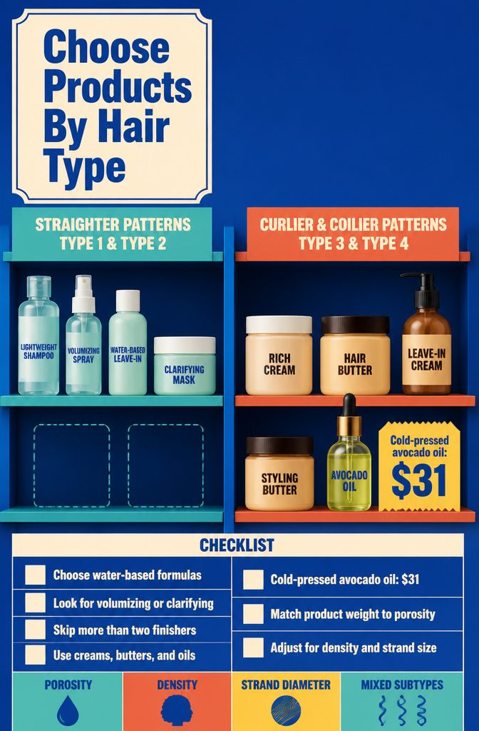 Hair products arranged for straight wavy curly and coily hair types
