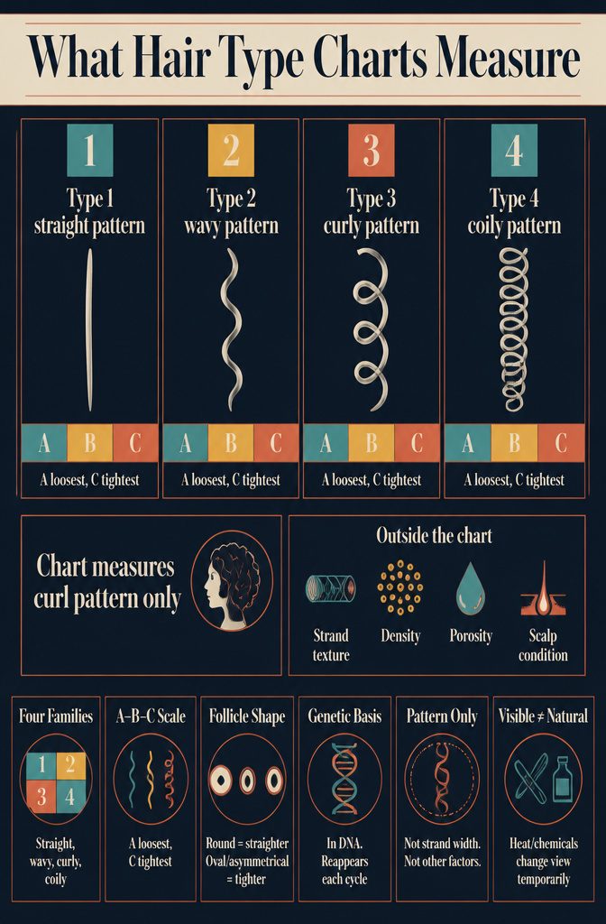 Hair type chart showing four numbered curl families with A B and C subtypes