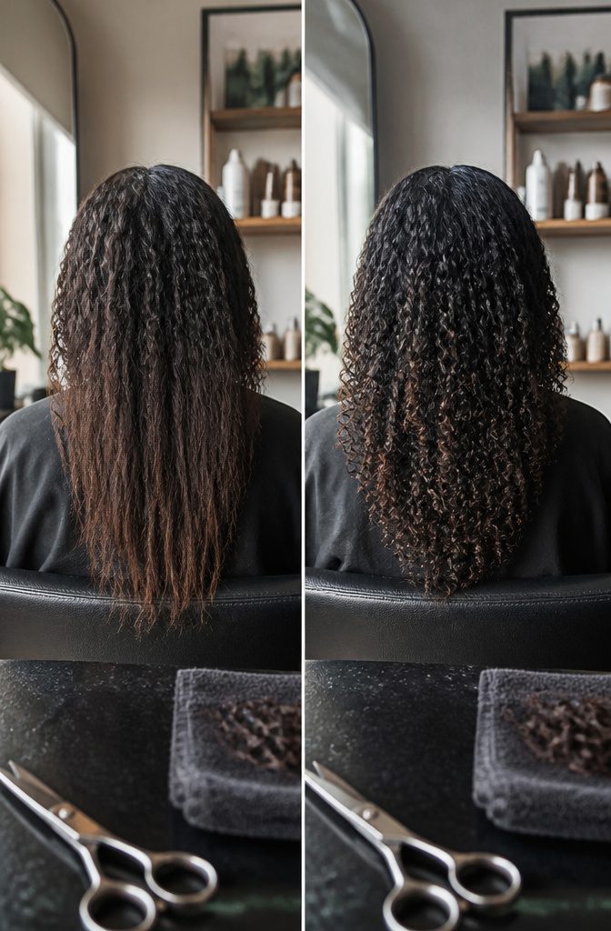 Hair showing mixed curl patterns with straighter damaged ends and textured roots