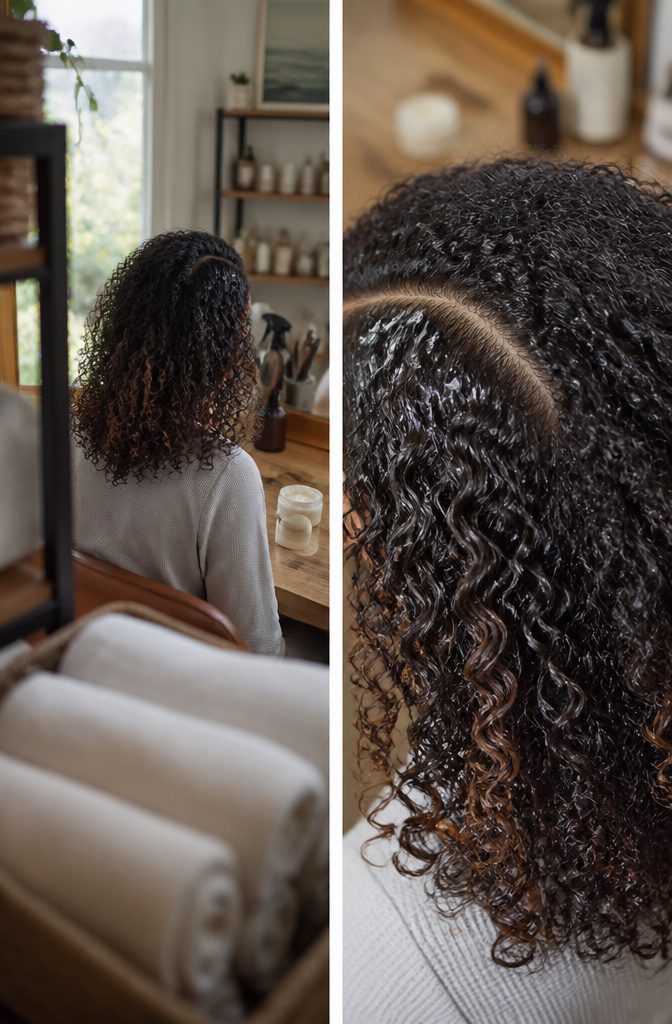 Head of hair showing tighter curls at the crown and looser patterns elsewhere