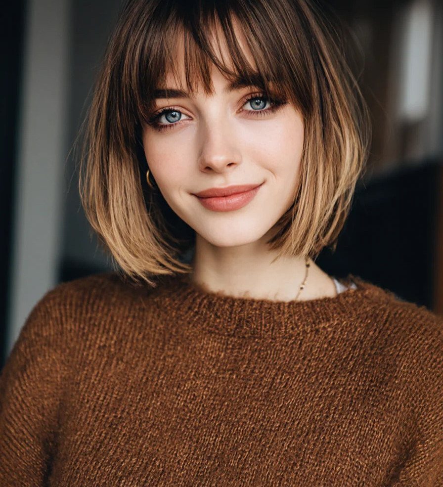Woman with a chin-length brown bob and straight bangs poses in a knit sweater