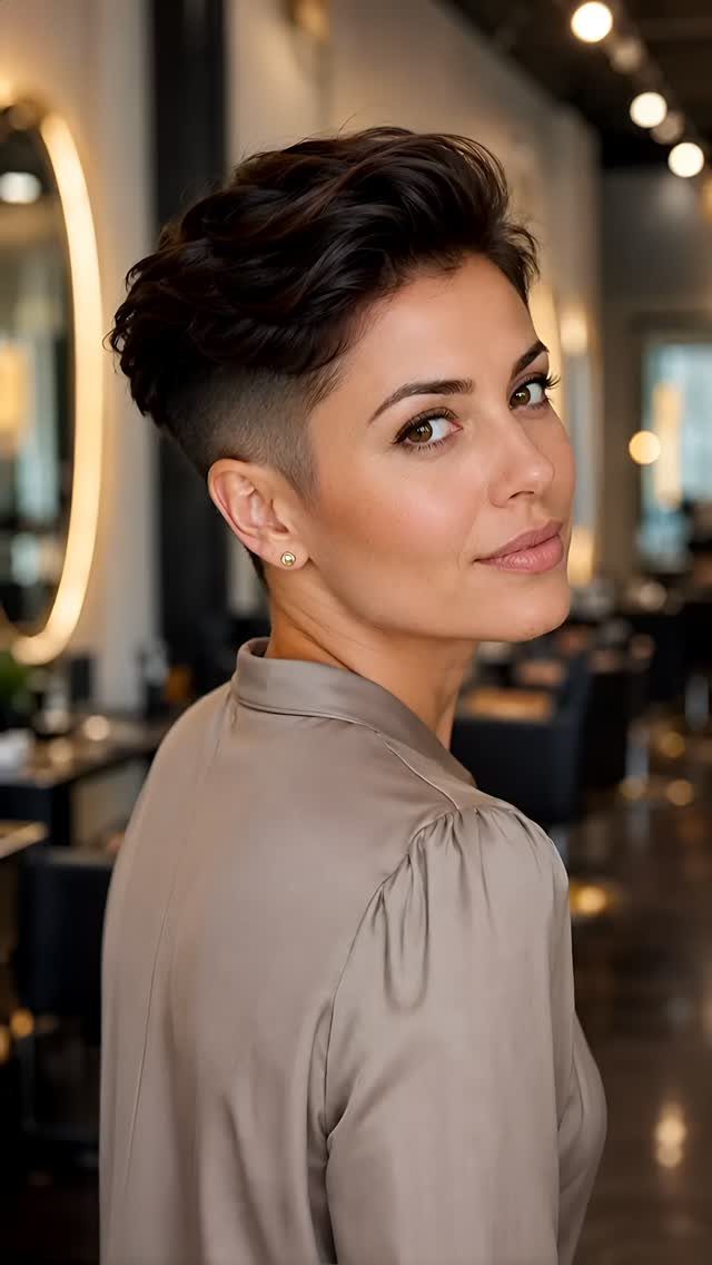 Woman showing a textured asymmetrical haircut with closely shaved undercut in a salon
