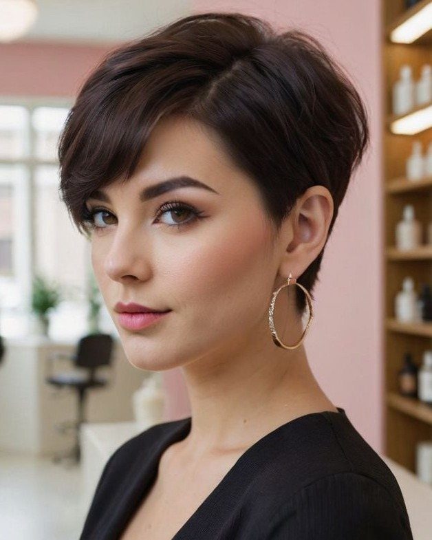 Woman showcasing short textured pixie haircut with sweeping side bangs in salon